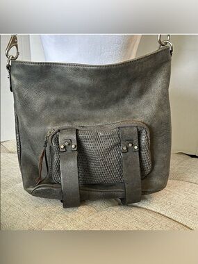 SHE+LO CHAPTER PERFORATED GRAY PEBBLED LEATHER HOBE CROSSBODY BUCKET BAG